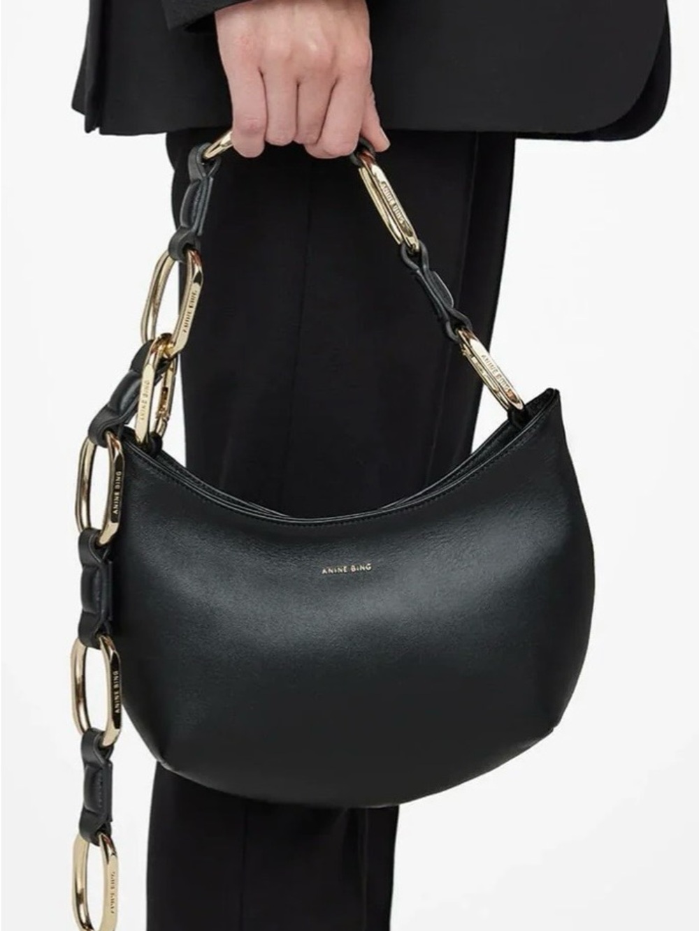Anine Bing Black Crescent Shoulder Bag with Gold-Link Chain